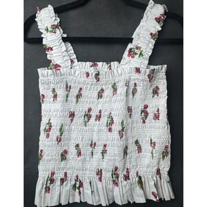 WAYF Strawberry Print Smocked Top M White Red Ruffle Strap Cottagecore Coquette